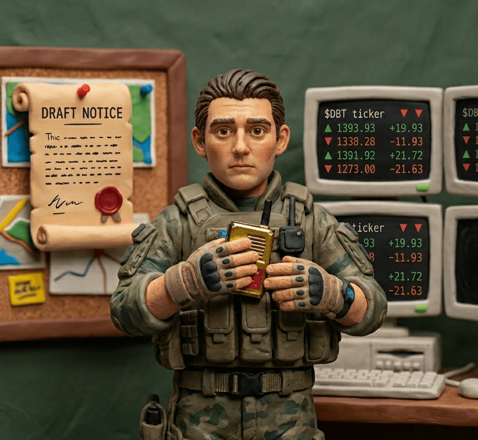 Draft Officer Barron — Clay figure with Draft Notice and $DBT ticker